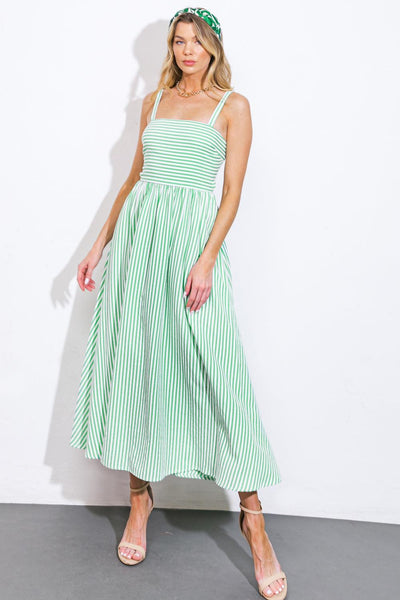 Front view of green striped woven midi dress