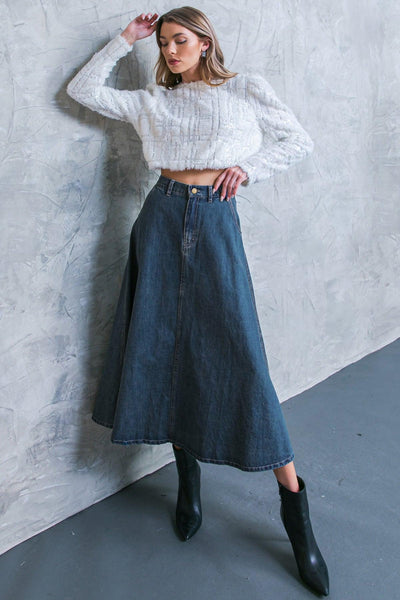 CALLING ALL THE TIME DENIM MIDI SKIRT