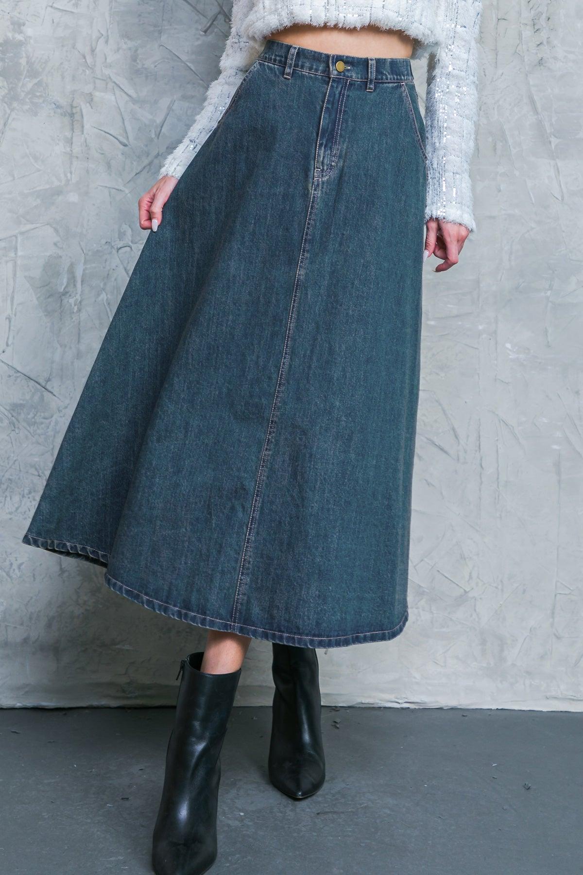 CALLING ALL THE TIME DENIM MIDI SKIRT