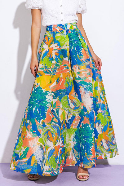 Close-up of Coastal Chic woven maxi skirt with bold floral pattern.