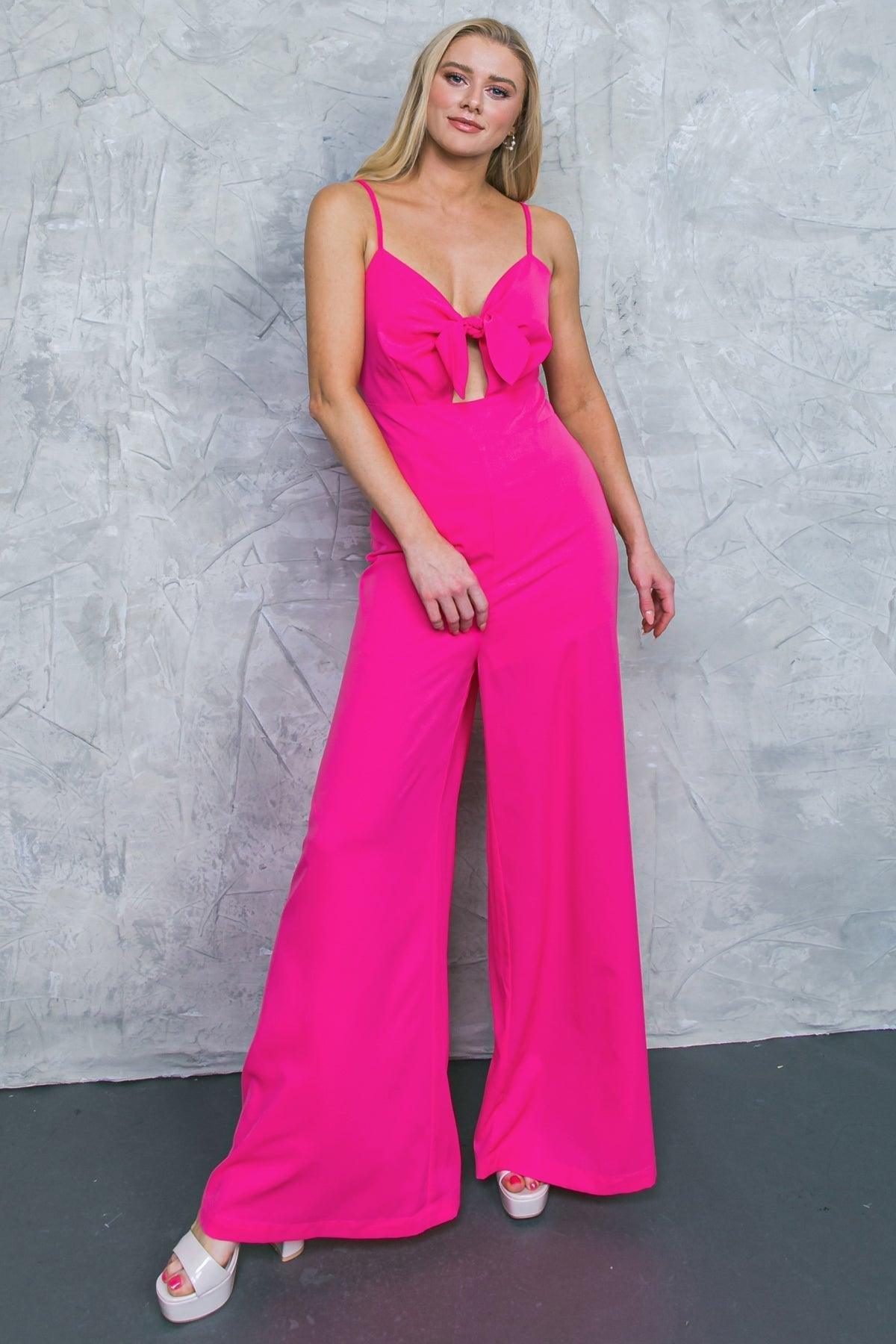 Pink woven jumpsuit with bow detail, front view