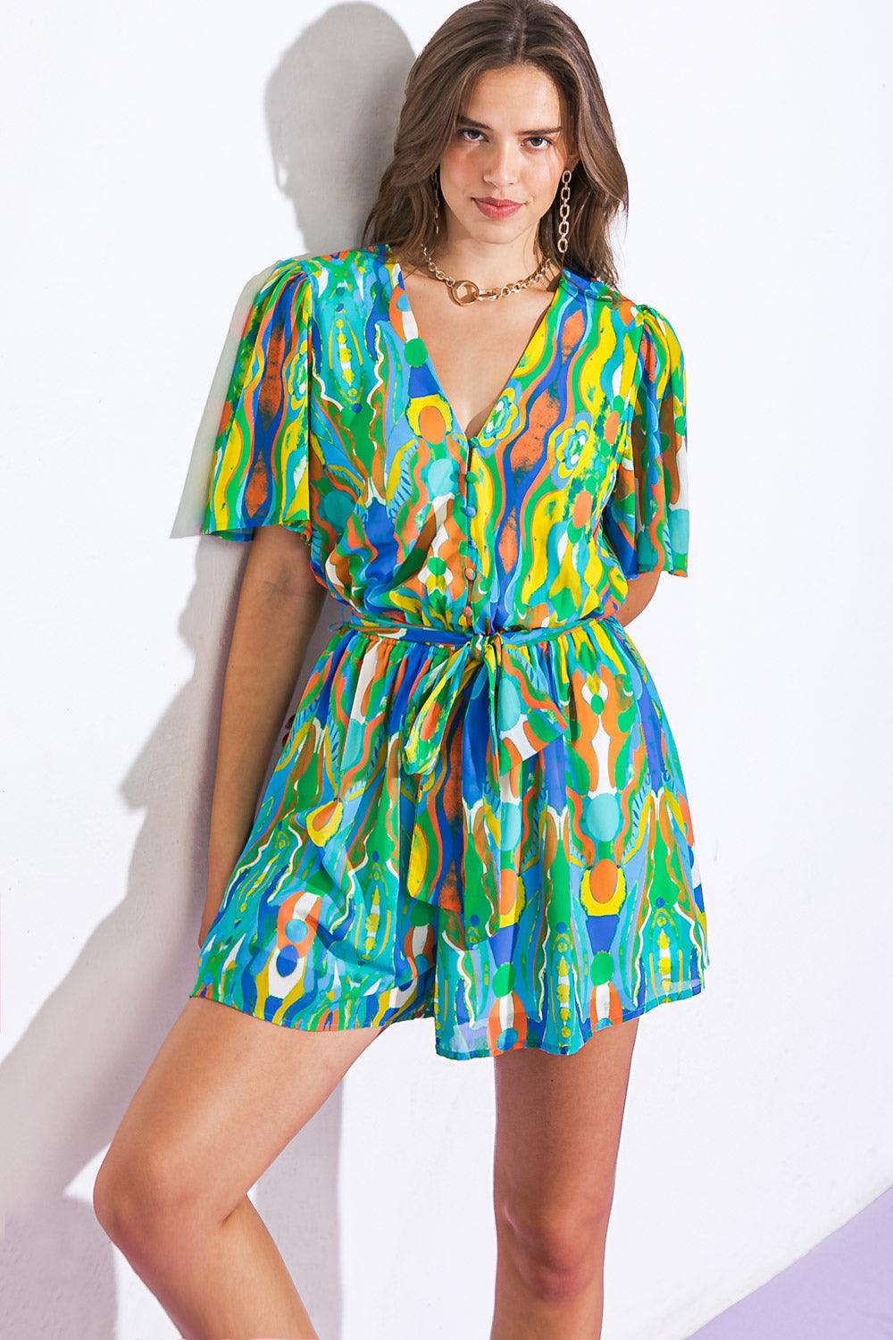 Abstract patterned romper with short sleeves, front view