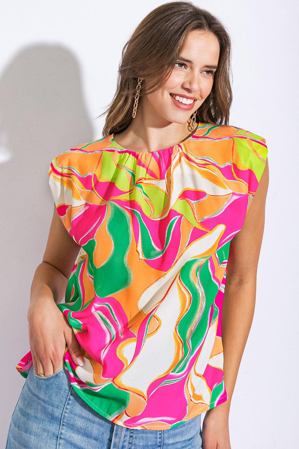 Colorful woven top with abstract pattern, front view