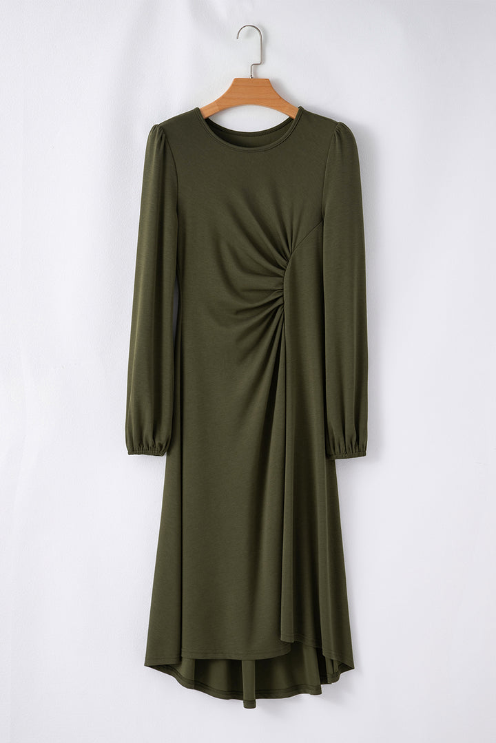 Jungle Green Solid Color Ruched Detail Long Sleeve Midi Dress