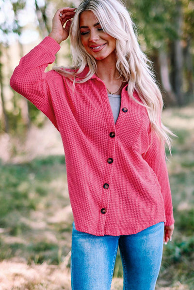 Pink Waffle Knit Button Up Casual Shirt