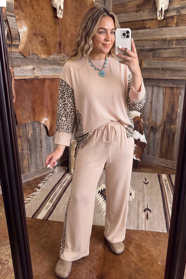 Light French Beige Leopard Print Ribbed Twist Long Sleeve Top Pants Plus Size Set