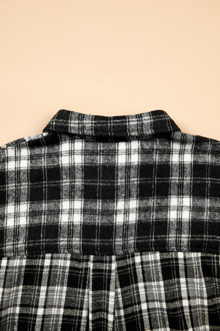 Black Plaid Long Sleeve V Neck Shift Plus Size Shirt Jacket