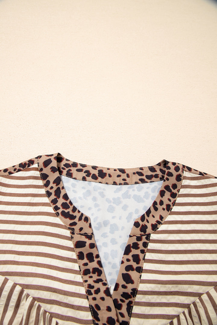 Khaki Stripe Square Button Leopard Trim Loose Bracelet Sleeve Shirt Dress