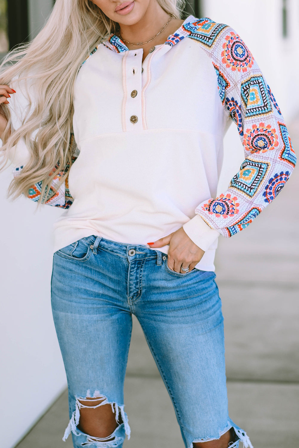 White Geometric Patchwork Raglan Sleeve Henley Hoodie