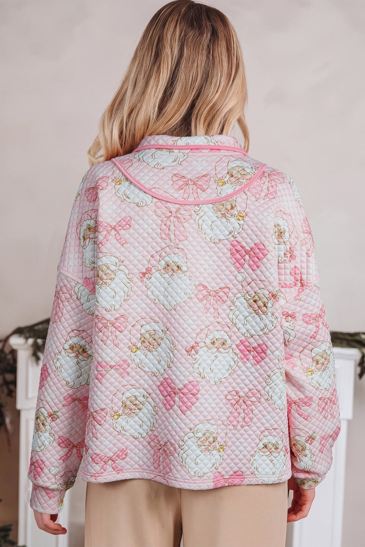 Pink Abstract Christmas Print Zip-Up Collar Long Sleeve Sweatshirt