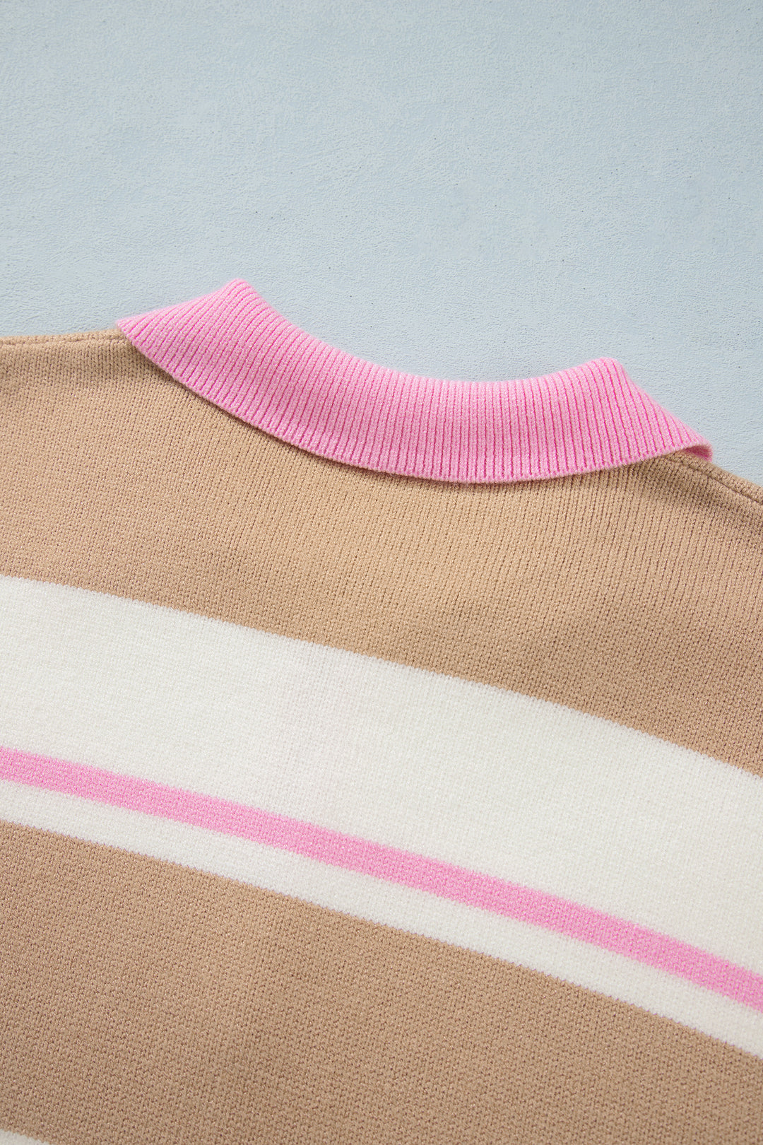 Khaki Stripe Striped Drop Shoulder Button Placket Long Sleeve Sweater