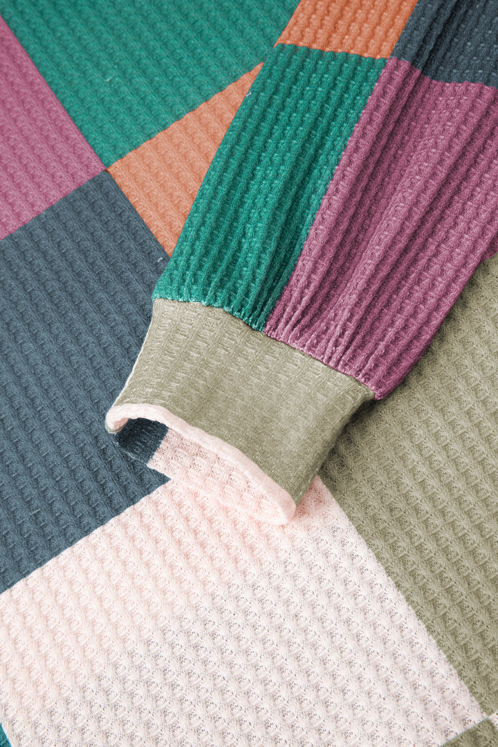 Green Checkered Print Textured Knit Long Sleeve Loose Top