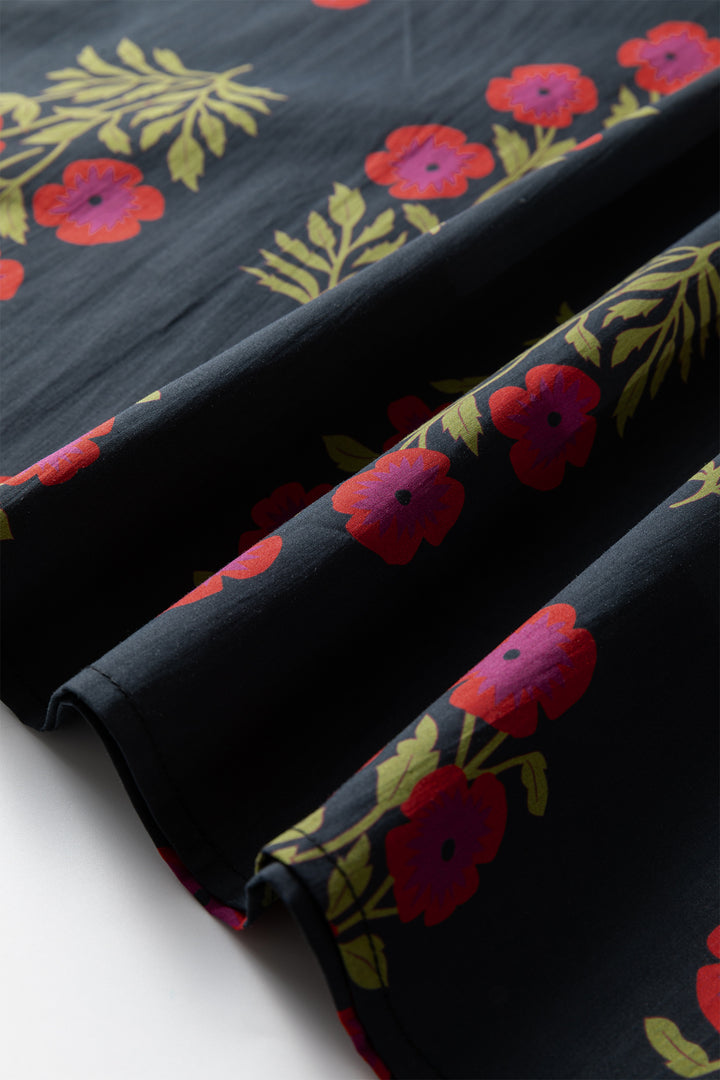 Black Floral Short Bubble Sleeve Contrast Slit Neckline Blouse