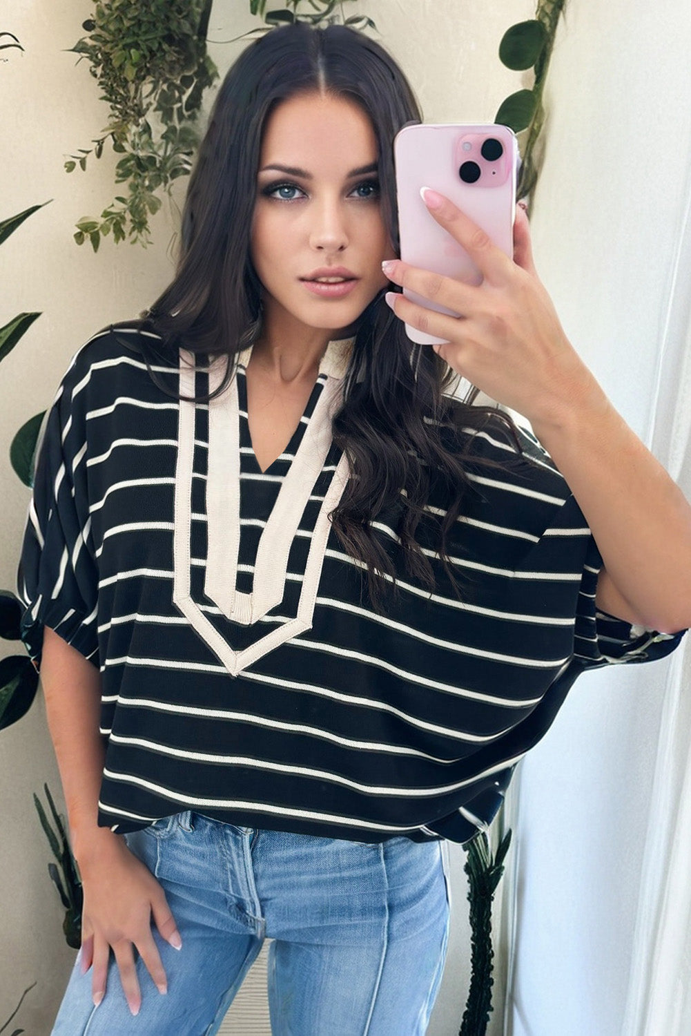 Black Stripe Stand Collar V Neck Elastic Cuffs Half Sleeve Dolman Top