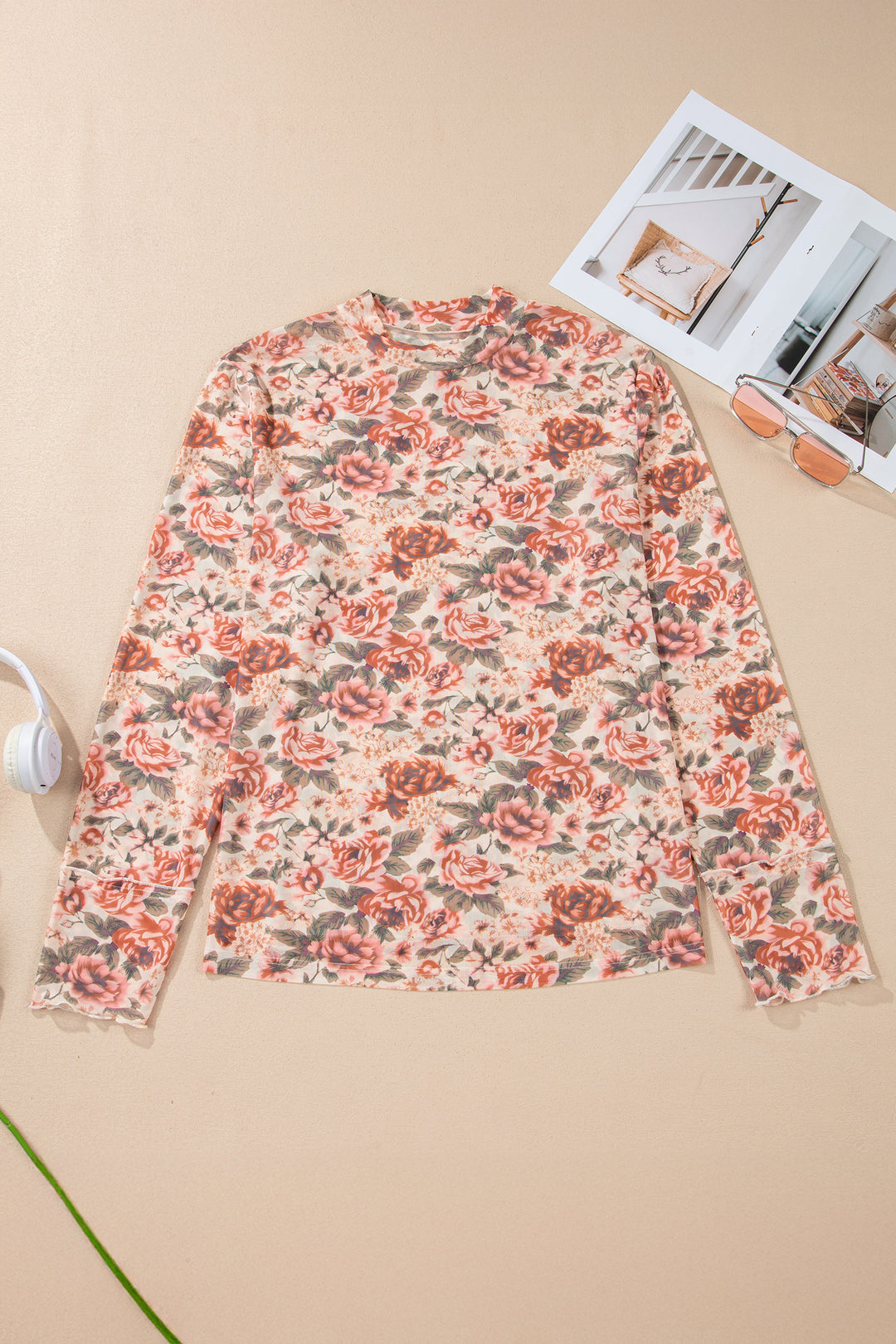 Pink Plus Size Floral Mock Neck Long Sleeve Slim Top