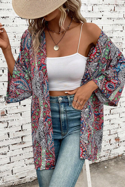 Red Paisley Print Open Front Kimono