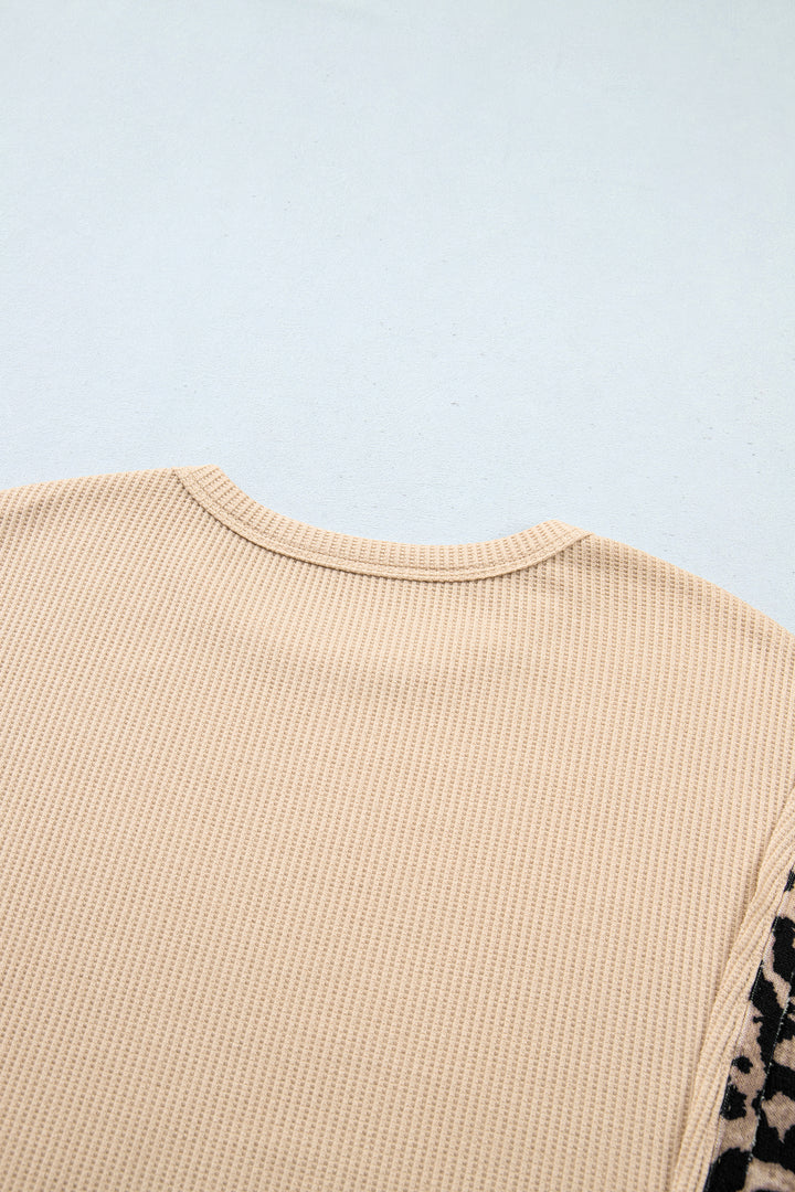 Gray Morn Leopard Sleeve Waffle Knit Split Hem Top