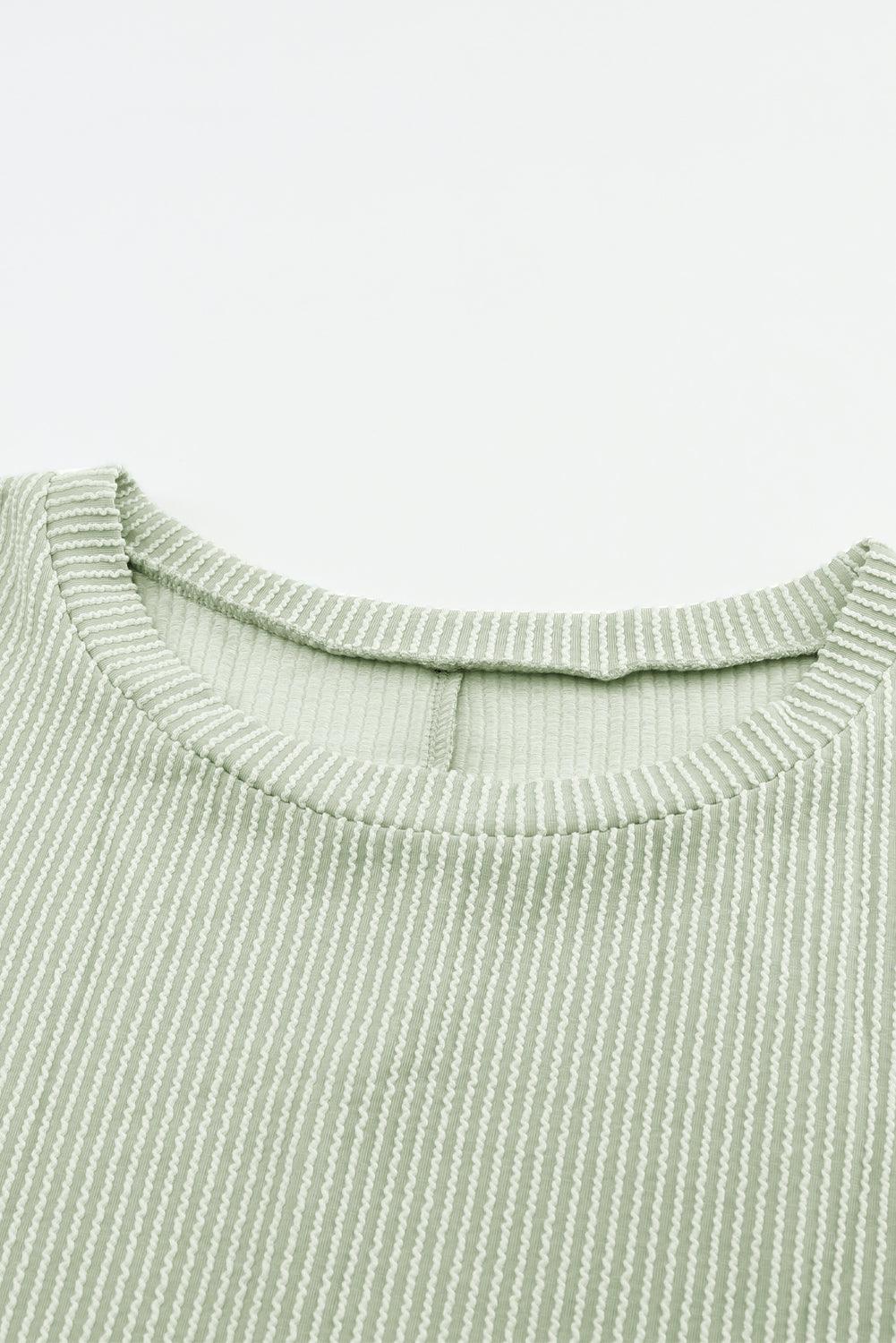 Green Ribbed Roll-tab Sleeve Chest Pocket Oversize Top