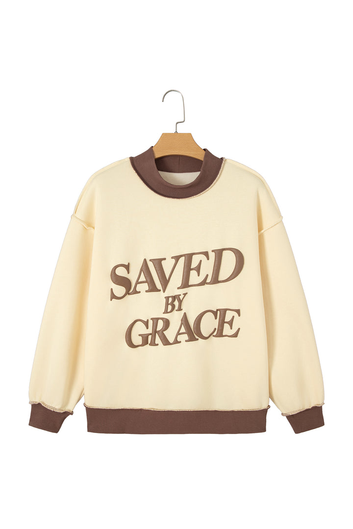 Beige Saved By Grace Print Color Block Mock Neck Oversized Sweatshirt