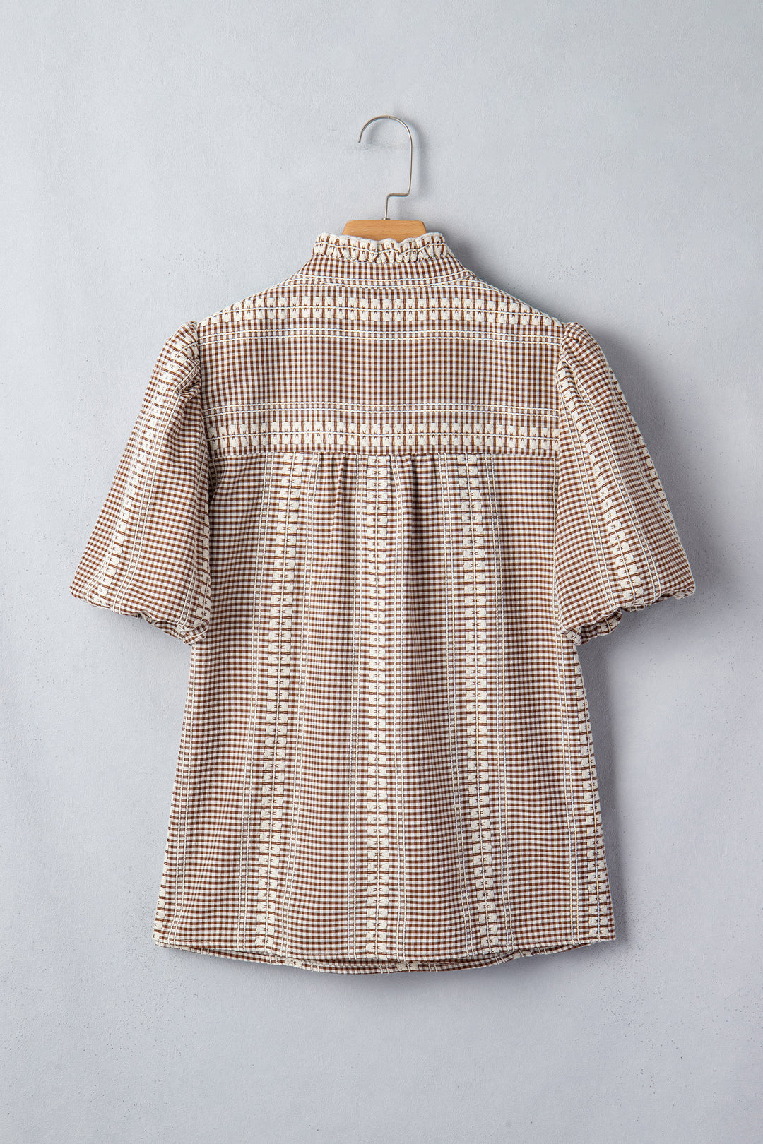 Red Western Pony Embroidered Yoke Puff Sleeve Gingham Blouse