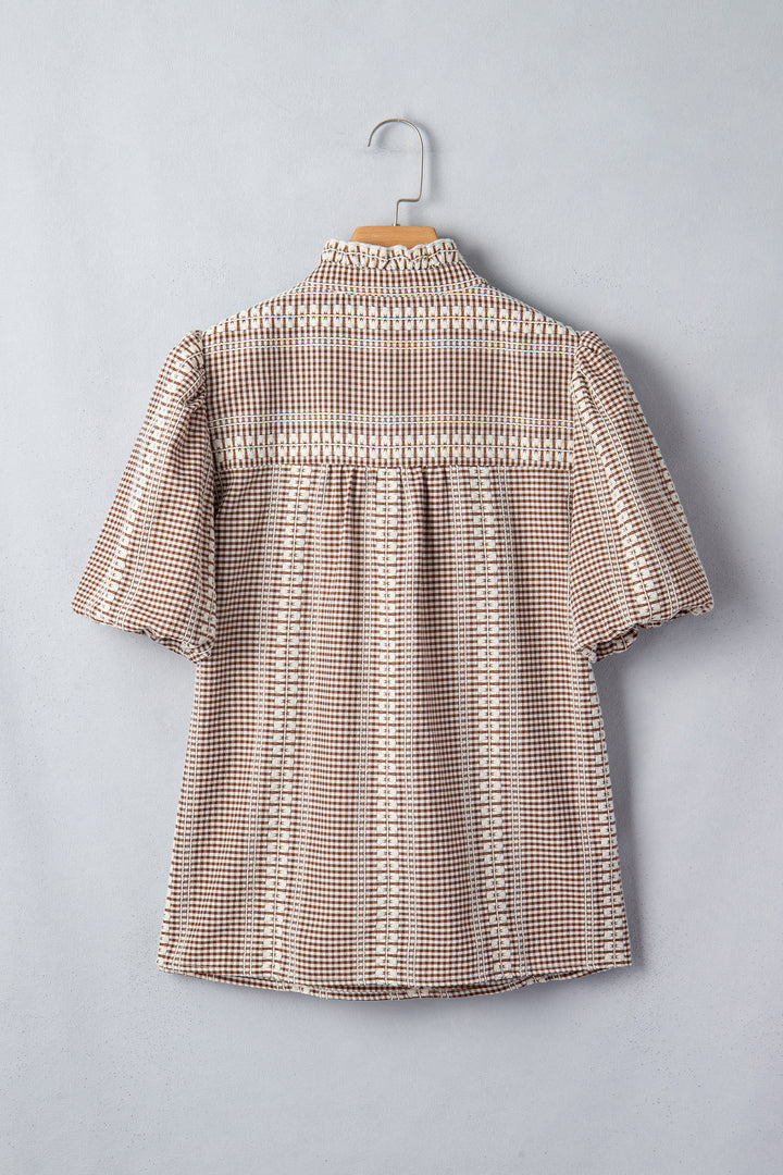 Red Western Pony Embroidered Yoke Puff Sleeve Gingham Blouse