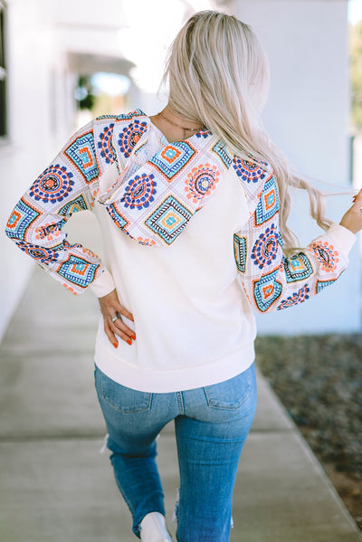 White Geometric Patchwork Raglan Sleeve Henley Hoodie