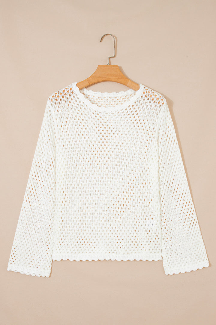 Yellow Cream Scalloped Trim Hollow Out Knit Long Sleeve Top