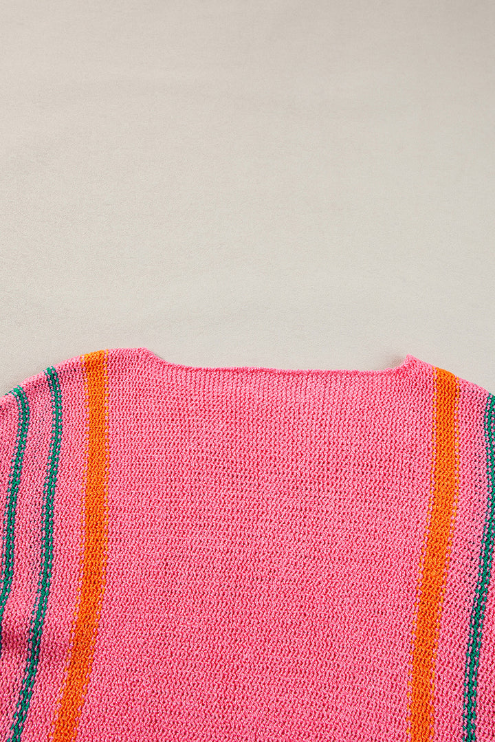 Rose Striped Detail Wide Sleeve Lightweight Knitted Sweater