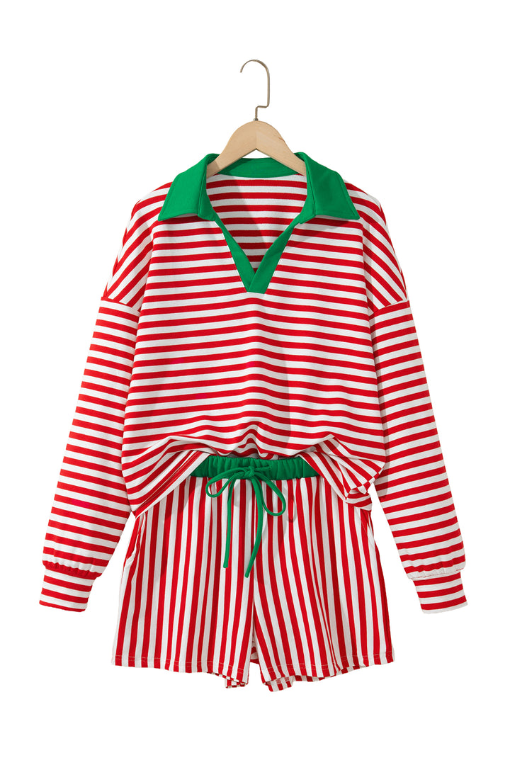 Red Stripe Colorblock Trim Polo Collar Drawstring Elastic Waist Band Casual 2pcs Outfit
