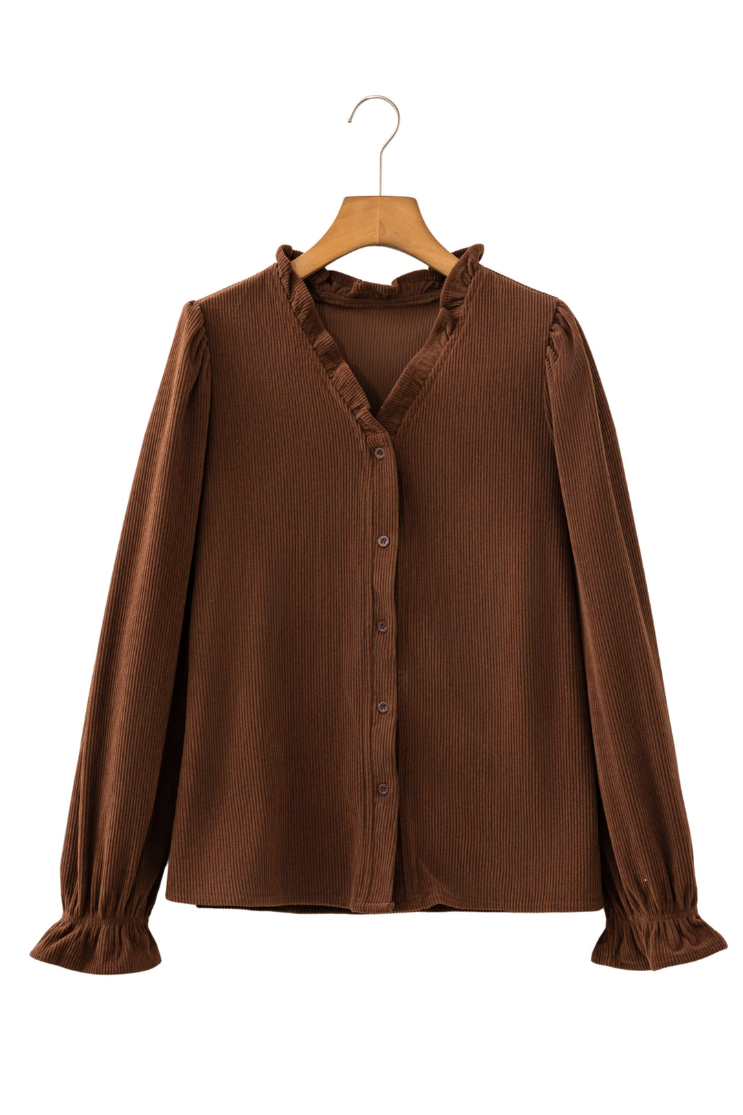 Coffee Solid Color Ruffle Trim V Neck Long Sleeve Button Corduroy Shakcet