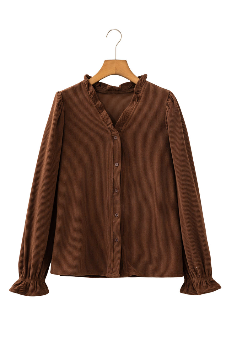 Coffee Solid Color Ruffle Trim V Neck Long Sleeve Button Corduroy Shakcet