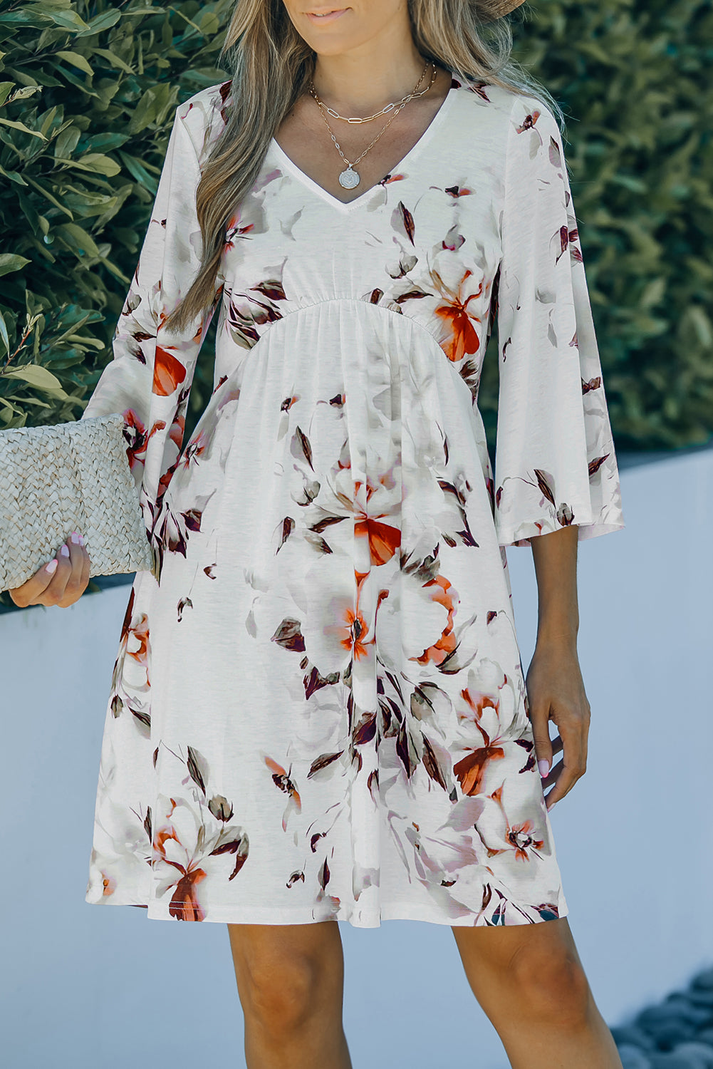 White V Neck 3/4 Sleeve Floral Dress