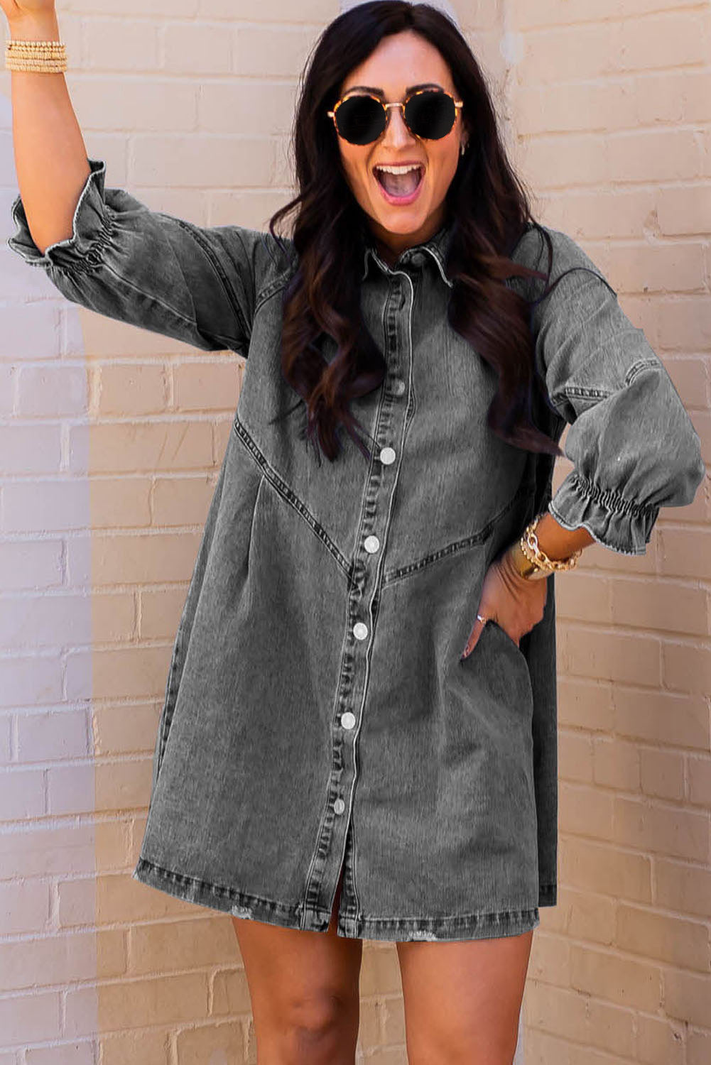 Gray Buttoned Long Sleeve Denim Mini Dress