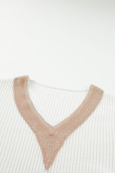 White Cable Puff Sleeve Lace V Neck Sweater