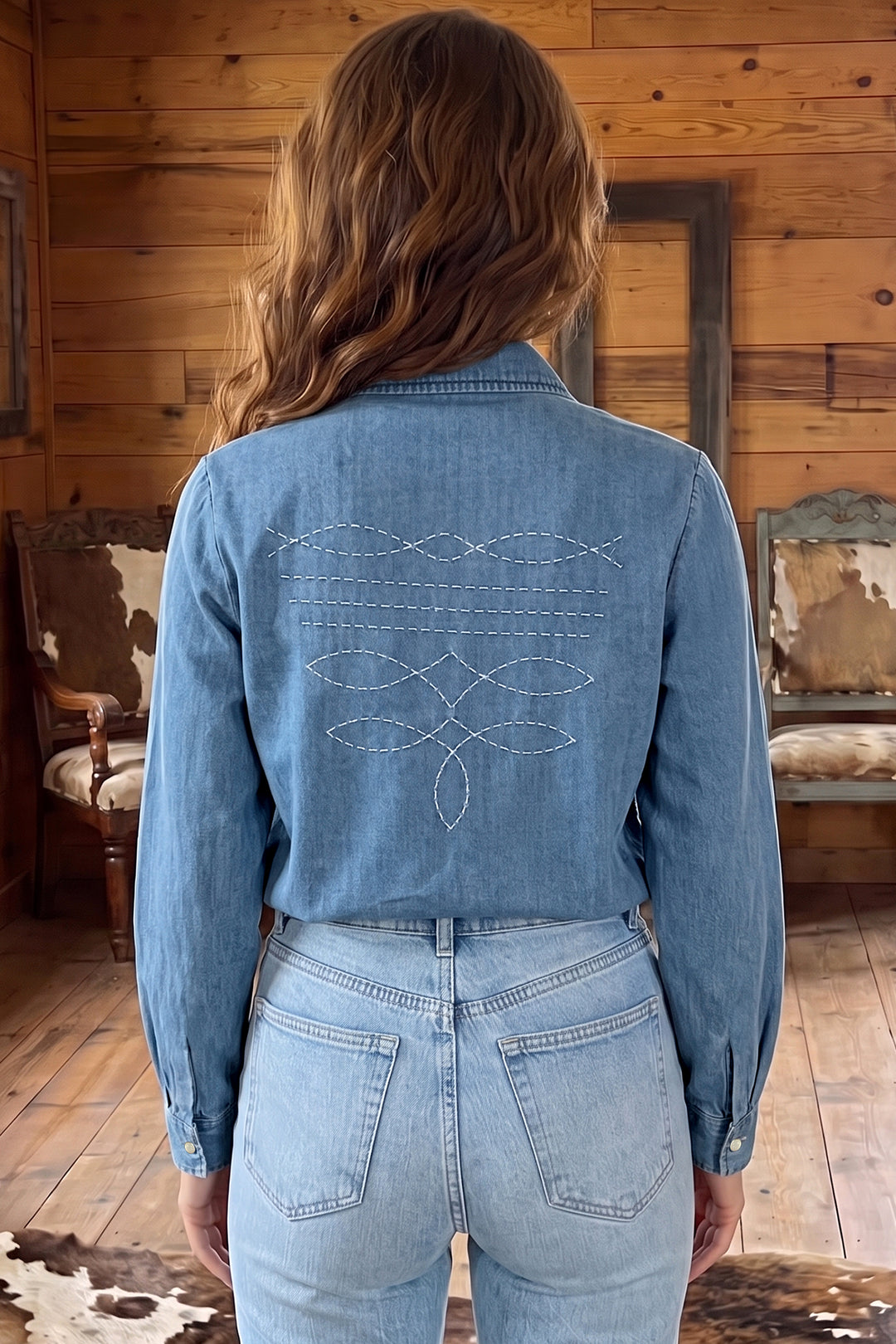 Myosotis Embroidered Western Detail Long Sleeve Collar Shirt
