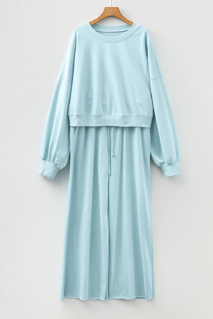 Mist Blue Drop Shoulder Puff Sleeve Crop Pullover Drawstring Wide Leg Pants Set