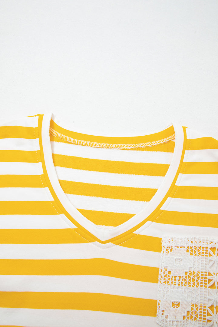 Yellow Stripe Striped Lace Patchwork V Neck Long Sleeve Top
