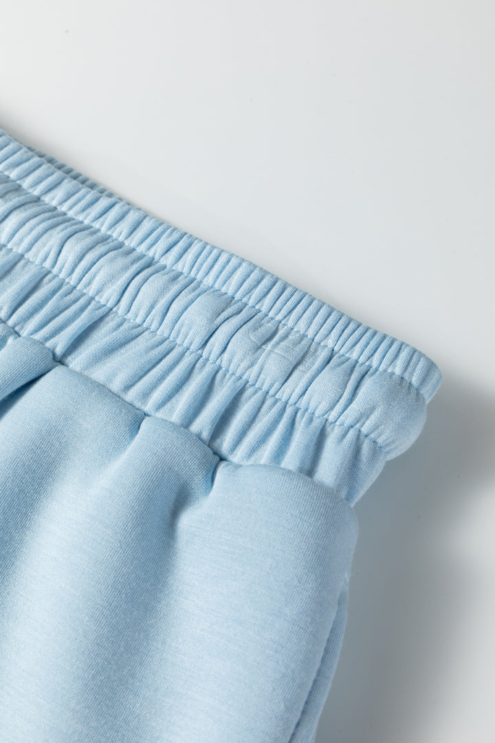 Beau Blue Solid Color Half Zip Loose Short Sleeve Sweatshirt 2pcs Set