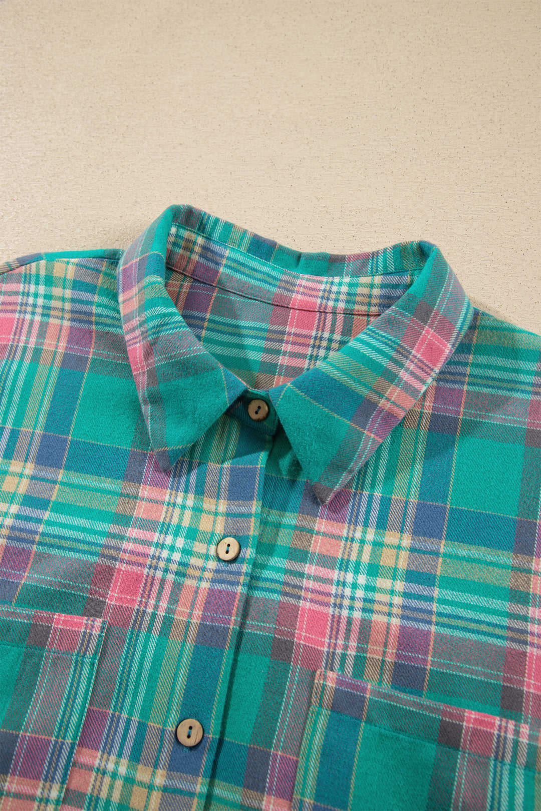 Green Plaid Button-Up Shift Long Sleeve V Neck Plus Size Dress