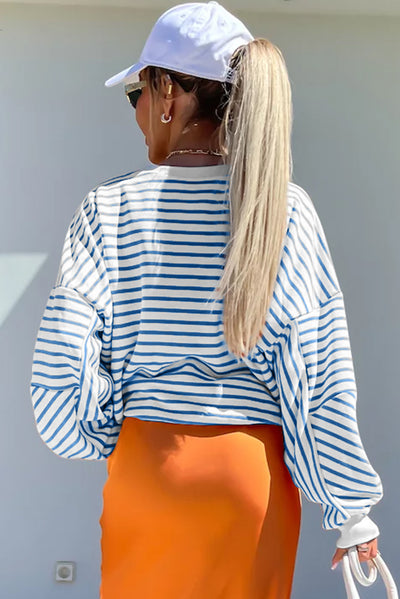 Blue Stripe Drop Shoulder Crew Neck Loose Sweatshirt