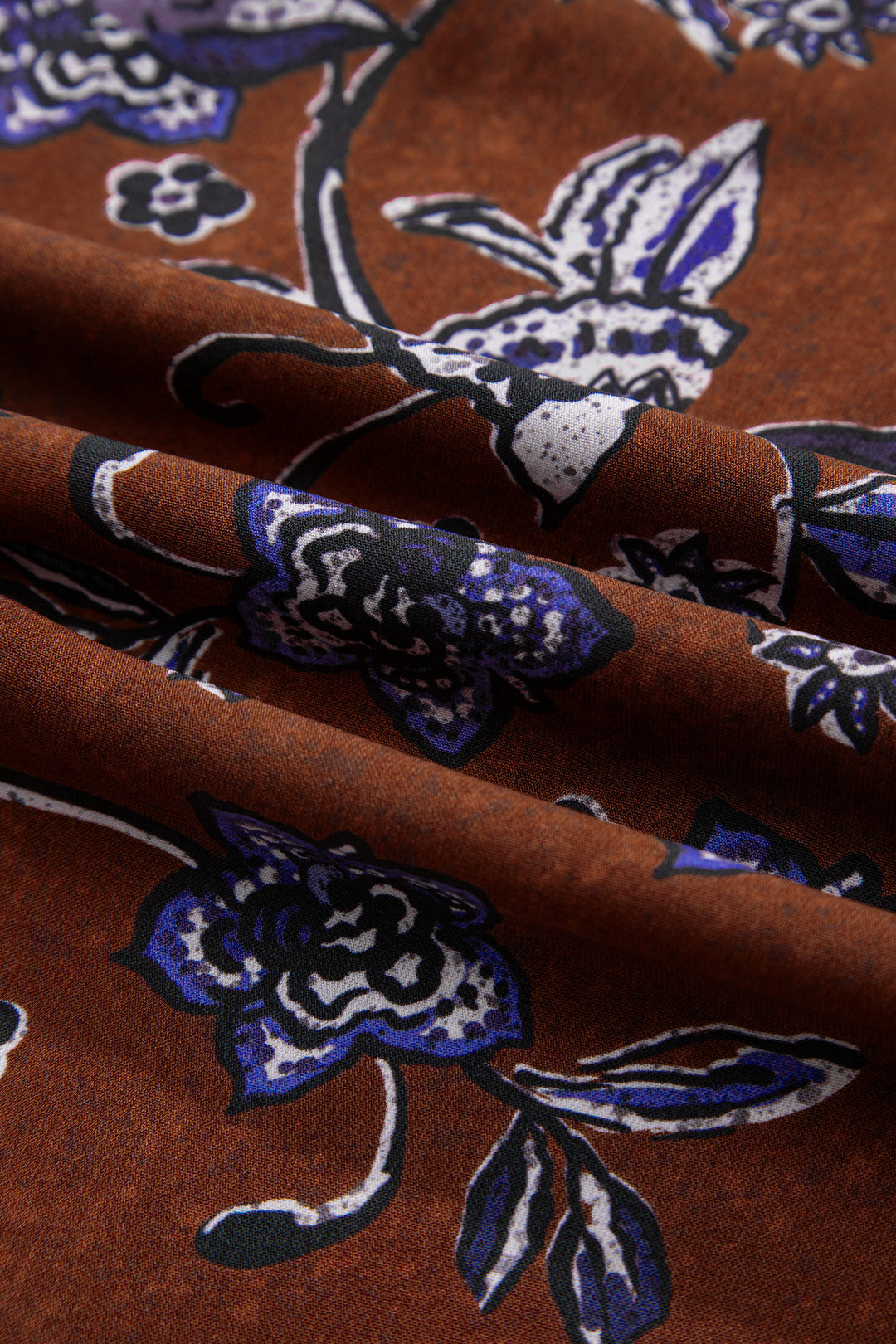 Brown Autumn Floral Print Smocked Cuffs Shift Blouse