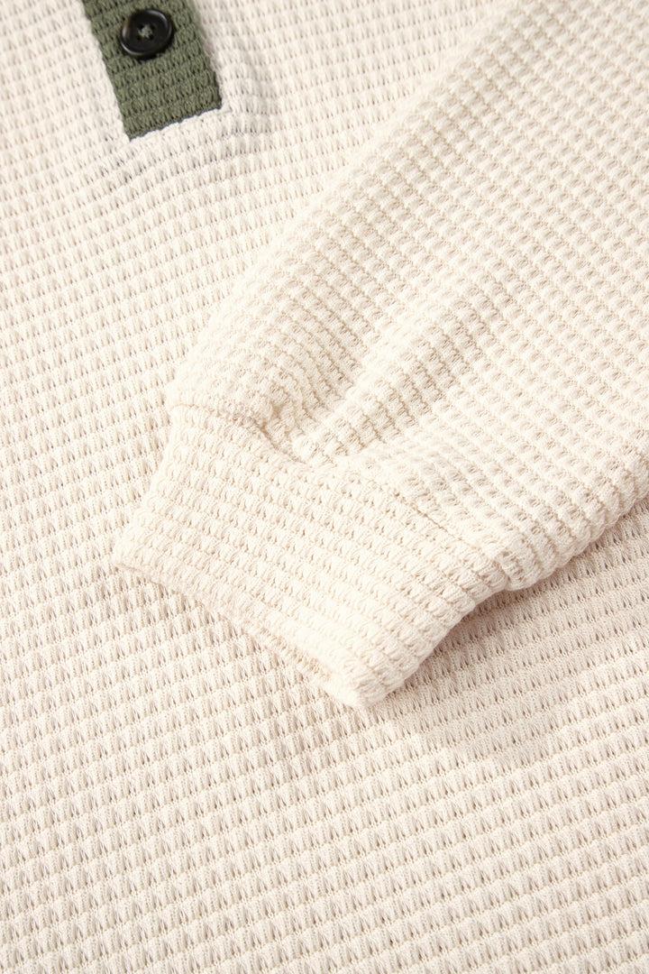 White Waffle Contrast Half Buttoned Hooded Pullover Top