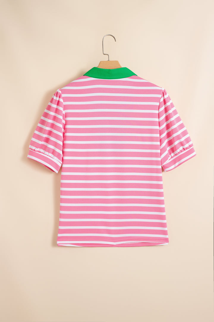 Blue Stripe Short Puff Sleeve Color Block Polo Collar Blouse