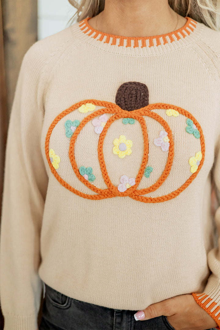 Parchment Floral Embroidery Pumpkin Long Sleeve Round Neck Sweater