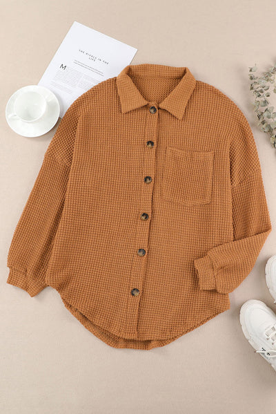 Brown Waffle Knit Button Up Casual Shirt