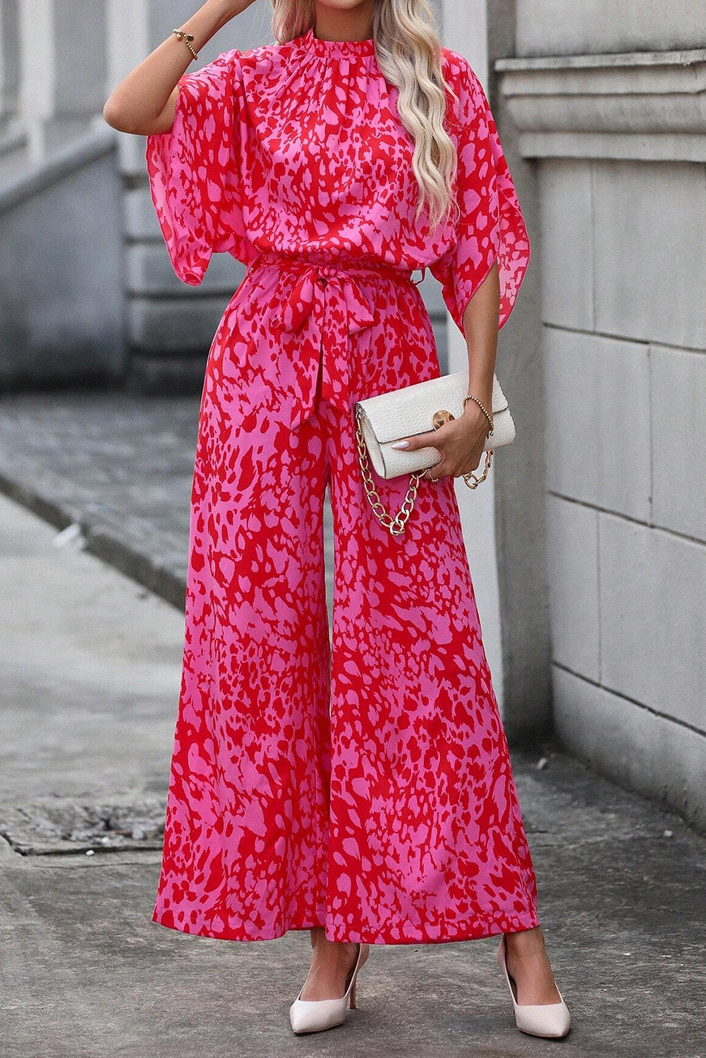 Rose Leopard Loose Sleeve Belted Wide Leg Jumpsuit