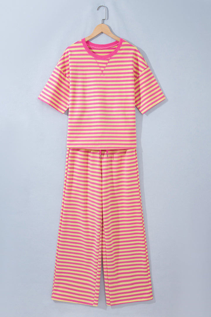 Pink Stripe Colorblock Trim Crew Neck Loose Tee Drawstring Elastic Waist 2pcs Pant Set