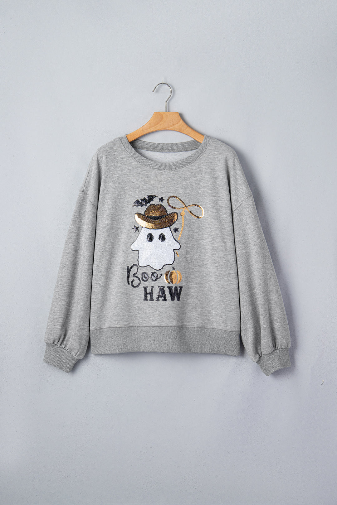 Medium Grey Sequin Western Ghost Print Long Sleeve Round Neck Sweatshirt
