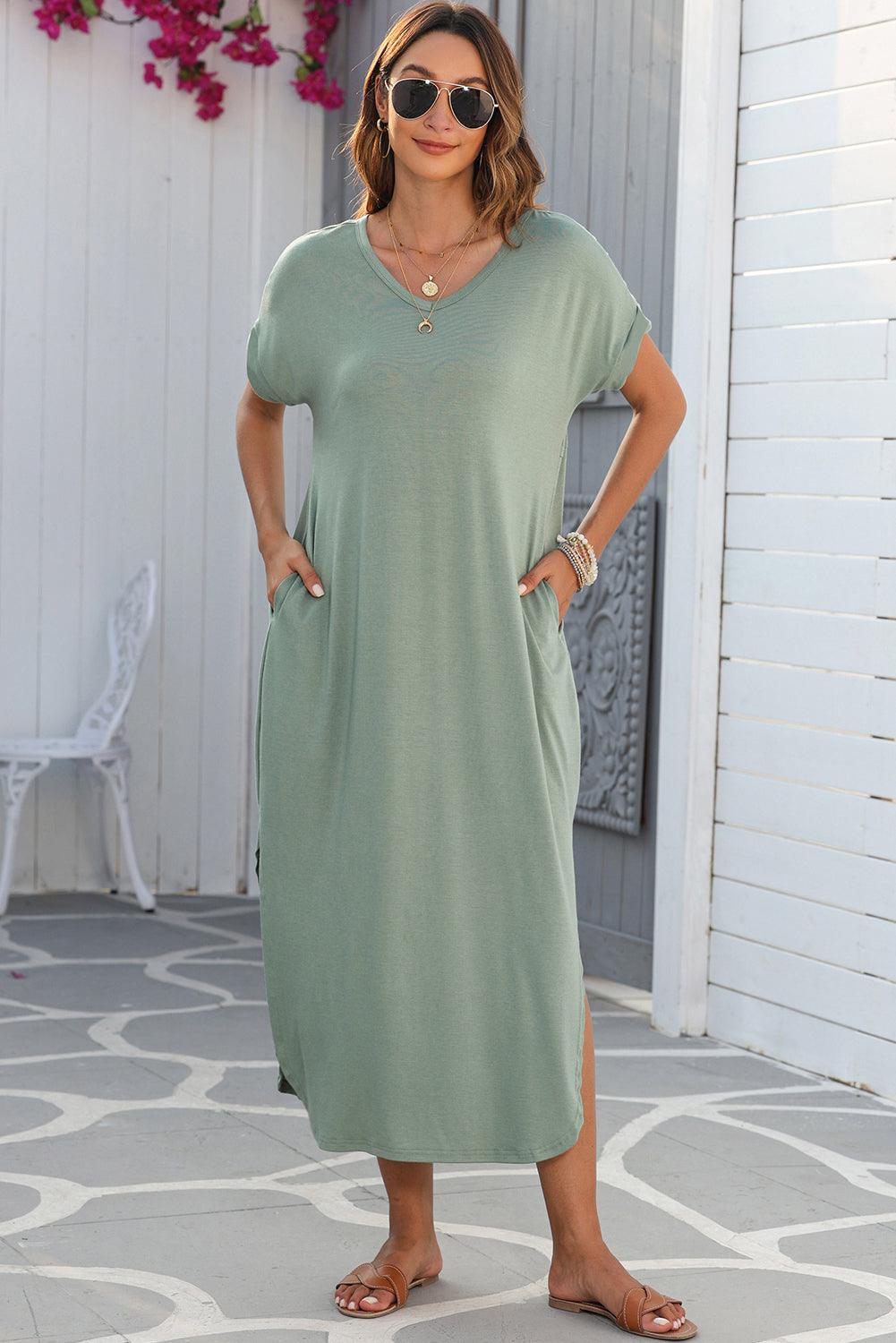 Grass Green V Neck Hidden Pocket Splits Maxi T-shirt Dress