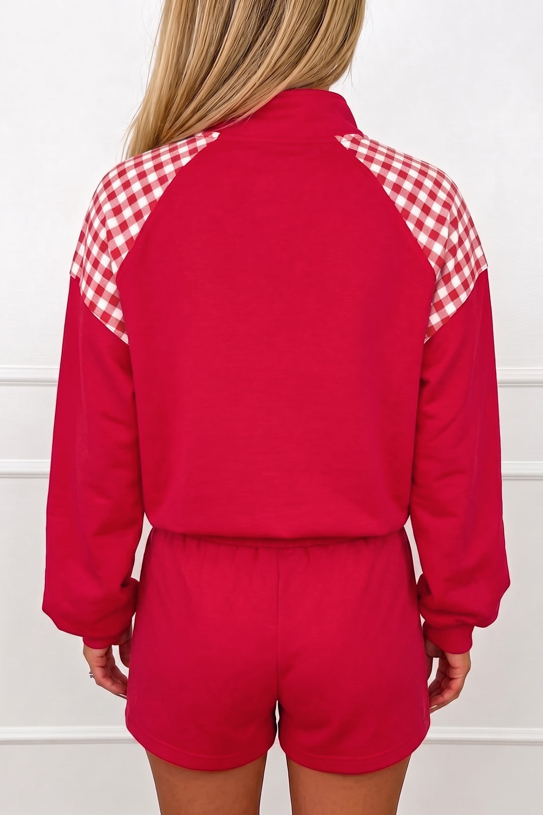 Bright Green Plaid Patchwork Half Zip Pullover Drawstring Short Set